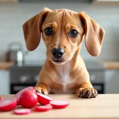 Słodki piesek z zaciekawieniem patrzy na rzodkiewki. Czy pies może rzodkiewkę? Ten maluch chyba chciałby się przekonać.
