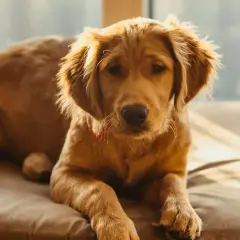 Słodki szczeniak golden retriever leży na kanapie. Zastanawiasz się, czy pies może jeść orzechy? Lepiej nie ryzykuj.