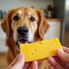 Złoty retriever z zaciekawieniem patrzy na kawałek sera żółtego, który trzymają ludzkie dłonie. Czy pies może jeść ser żółty?