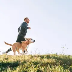 Mężczyzna biegnie z psem po trawiastym wzgórzu. Ich ruchy są płynne, jakby mieli aniflexi.