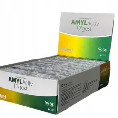 Opakowanie preparatu AMYLActiv Digest dla zwierząt, zawierające 600 kapsułek. Wspiera trawienie.