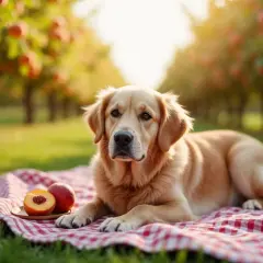 Złoty retriever leży na piknikowym kocu w sadzie brzoskwiniowym, obok talerzyka z połówką nektarynki. Czy pies może nektarynkę?