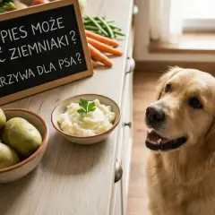 Złoty retriever z zaciekawieniem patrzy na miseczkę z puree ziemniaczanym i surowe ziemniaki. Tabliczka pyta: "Czy pies może jeść ziemniaki?".