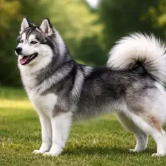 Uroczy pomsky z puszystym ogonem stoi na trawie, ciesząc się słońcem.