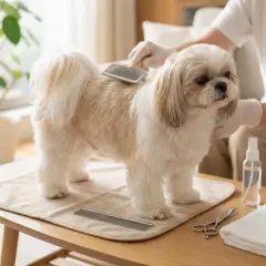 Dorosły shih tzu jest szczotkowany. Obok leżą nożyczki, grzebień i ręcznik.
