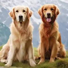 Dwa urocze golden retrievery amerykańskie siedzą na trawie, zapatrzone w dal.