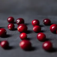Kilka czerwonych żurawin rozsypanych na ciemnym tle. Czy pies może jeść żurawinę? Tak, w małych ilościach.
