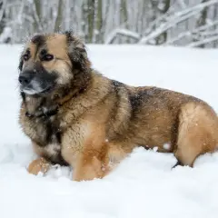 Duży, kudłaty pies rasy leonberger leży w śniegu. Zastanawiasz się nad jego ceną?