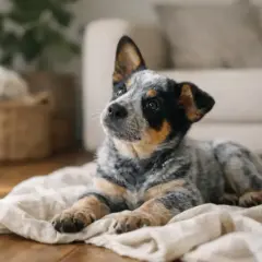 Uroczy szczeniak australian cattle dog, którego cena może być zaskoczeniem, leży na kocu.