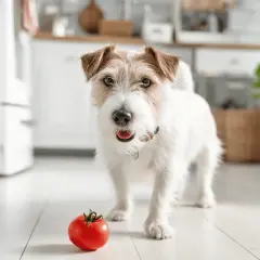 Czy pies może jeść pomidory? Ten uroczy piesek z zaciekawieniem patrzy na czerwonego pomidora leżącego na podłodze w kuchni.