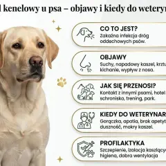Labrador z objawami kaszlu kenelowego u psa: suchy kaszel, kichanie, gorączka. Informacje o przyczynach, objawach i profilaktyce.