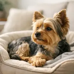 Uroczy yorkshire terrier w swoim legowisku. Zastanawiasz się, ile kosztuje york?