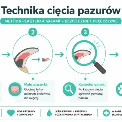 Ilustracja pokazuje, jak obciąć psu pazury metodą "plasterka salami": oceń długość, obcinaj małe fragmenty, kontroluj odrost i powtarzaj.