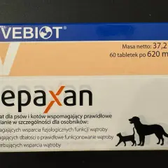 Opakowanie preparatu Hepaxan dla psów i kotów, wspierające wątrobę. Zawiera 60 tabletek.
