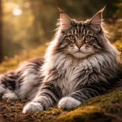 Majestatyczny kot rasy Maine Coon, z puszystą grzywą i pręgowanym futrem, odpoczywa w jesiennym lesie.