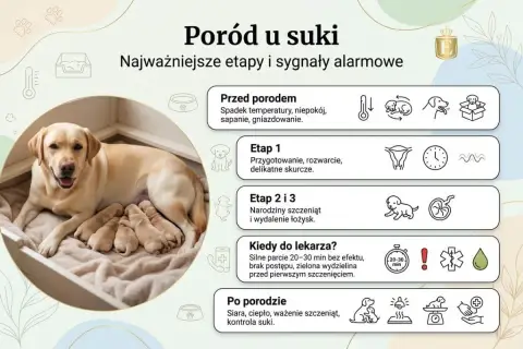 Szczęśliwa suczka labrador z gromadką nowo narodzonych szczeniąt. Obrazek ilustruje etapy porodu psa i sygnały alarmowe.