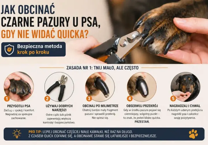 Jak obciąć psu pazury czarne, gdy nie widać quicka? Poradnik krok po kroku: przygotuj psa, używaj dobrych narzędzi, obcinaj po milimetrze, obserwuj przekrój i nagradzaj.