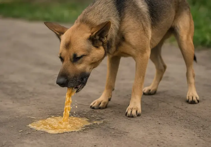 Pies wymiotuje żółcią na ziemię.