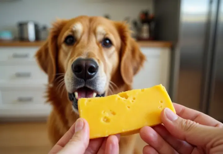 Złoty retriever z zaciekawieniem patrzy na kawałek sera żółtego, który trzymają ludzkie dłonie. Czy pies może jeść ser żółty?