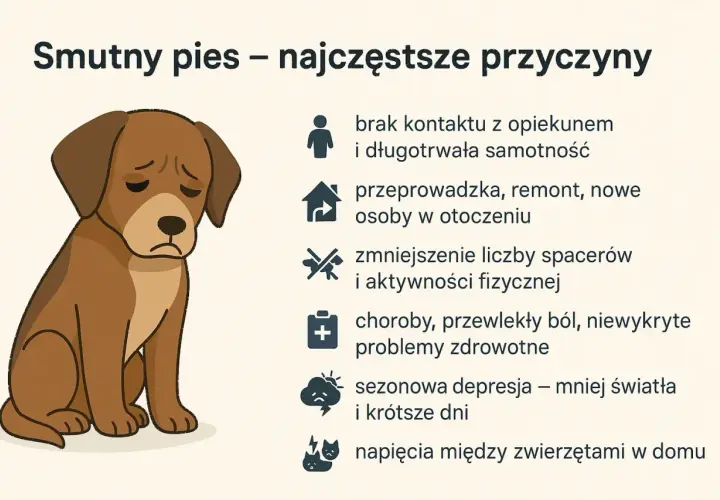 Smutny pies z opuszczonymi uszami. Obrazek ilustruje przyczyny depresji u psa: samotność, zmiany, brak ruchu, choroby, sezonowość i konflikty.