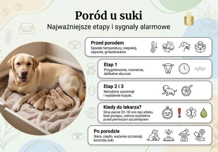 Szczęśliwa suczka labrador z gromadką nowo narodzonych szczeniąt. Obrazek ilustruje etapy porodu psa i sygnały alarmowe.