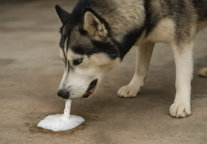 Husky pies wymiotuje pianą na beton.