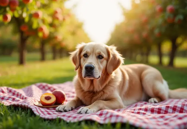 Złoty retriever leży na piknikowym kocu w sadzie brzoskwiniowym, obok talerzyka z połówką nektarynki. Czy pies może nektarynkę?