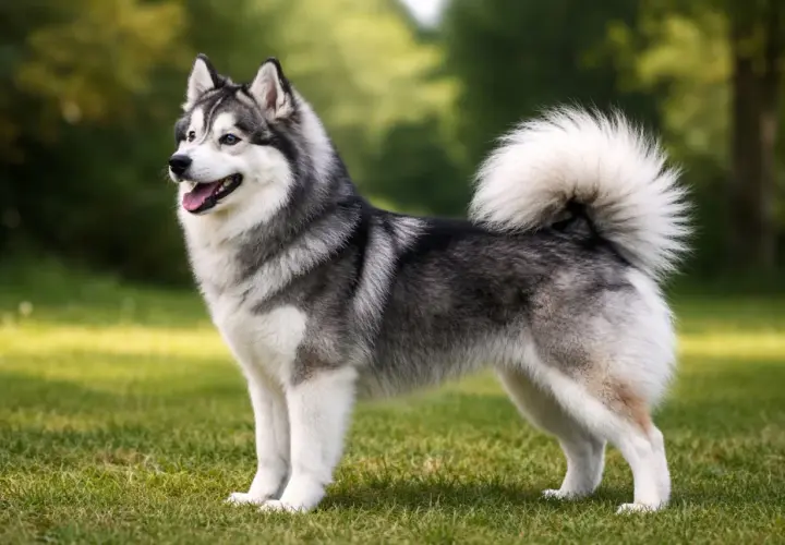 Uroczy pomsky z puszystym ogonem stoi na trawie, ciesząc się słońcem.