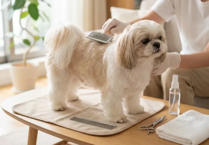 Dorosły shih tzu jest szczotkowany. Obok leżą nożyczki, grzebień i ręcznik.