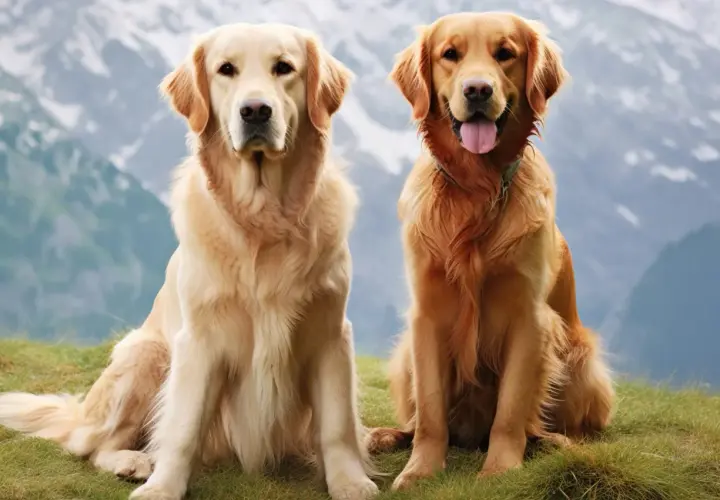 Dwa urocze golden retrievery amerykańskie siedzą na trawie, zapatrzone w dal.
