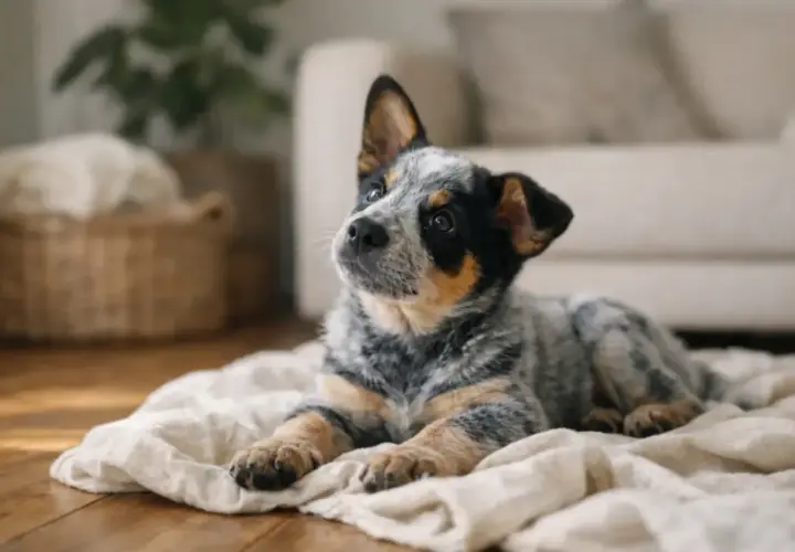 Uroczy szczeniak australian cattle dog, którego cena może być zaskoczeniem, leży na kocu.