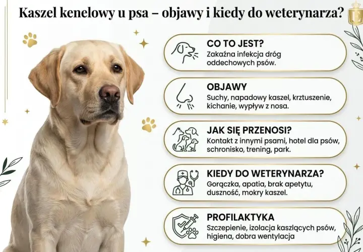 Labrador z objawami kaszlu kenelowego u psa: suchy kaszel, kichanie, gorączka. Informacje o przyczynach, objawach i profilaktyce.