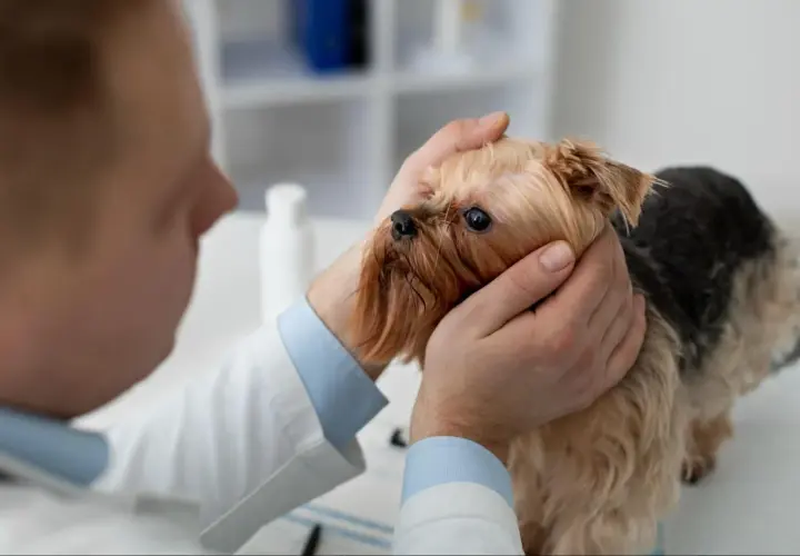 Wet nose and sad eyes of a Yorkshire Terrier during a vet visit for a cold. Wet nose and sad eyes of a Yorkshire Terrier during a vet visit for a cold.