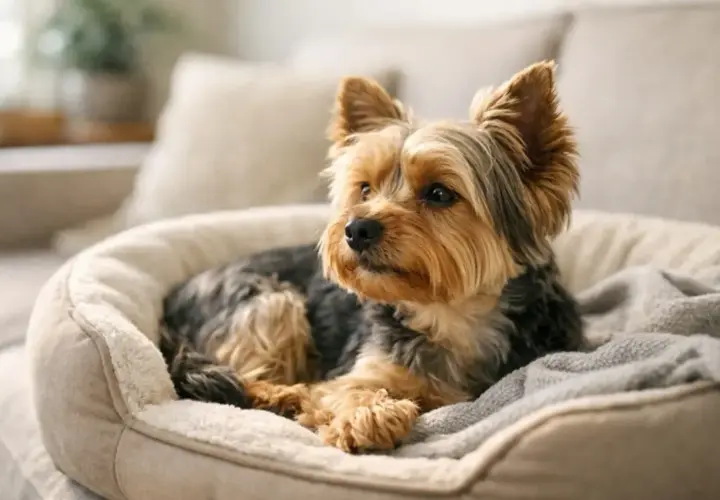 Uroczy yorkshire terrier w swoim legowisku. Zastanawiasz się, ile kosztuje york?