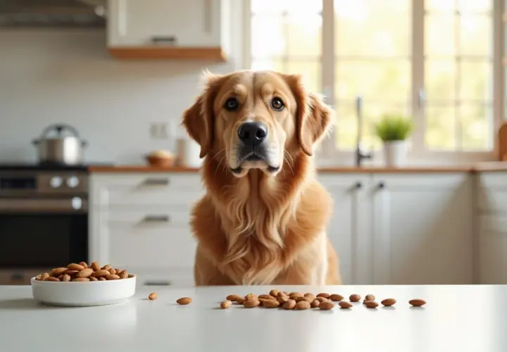 Złoty retriever siedzi przy stole w kuchni, patrząc na miskę migdałów. Czy pies może jeść migdały?