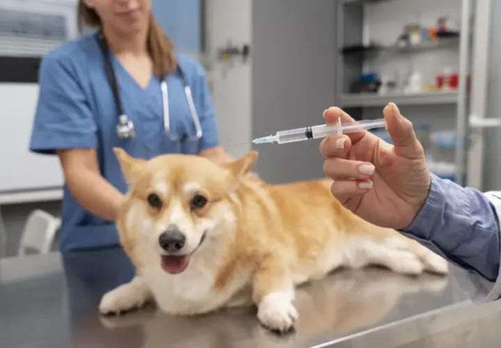 Weterynarz podaje zastrzyk corgiemu. To ważne szczepienia zwierząt, które zapewniają zdrowie i bezpieczeństwo pupila.
