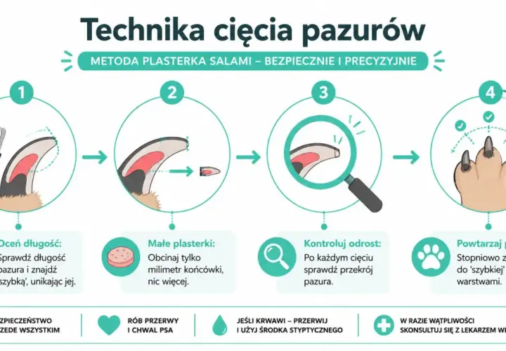 Ilustracja pokazuje, jak obciąć psu pazury metodą "plasterka salami": oceń długość, obcinaj małe fragmenty, kontroluj odrost i powtarzaj.