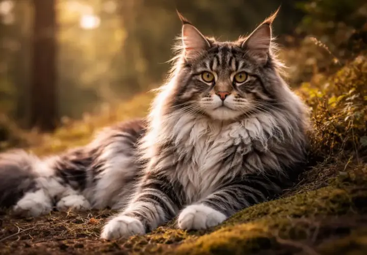 Majestatyczny kot rasy Maine Coon, z puszystą grzywą i pręgowanym futrem, odpoczywa w jesiennym lesie.