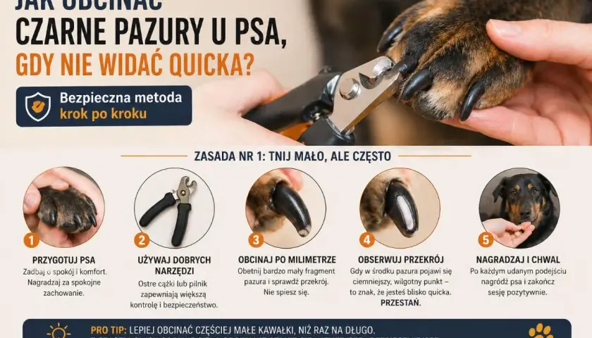 Jak obciąć psu pazury czarne, gdy nie widać quicka? Poradnik krok po kroku: przygotuj psa, używaj dobrych narzędzi, obcinaj po milimetrze, obserwuj przekrój i nagradzaj.