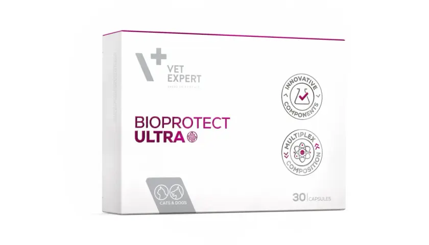 Opakowanie suplementu BIOPROTECT ULTRA dla kotów i psów, 30 kapsułek, z innowacyjnym składem.