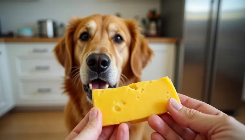 Złoty retriever z zaciekawieniem patrzy na kawałek sera żółtego, który trzymają ludzkie dłonie. Czy pies może jeść ser żółty?