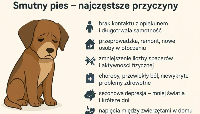 Smutny pies z opuszczonymi uszami. Obrazek ilustruje przyczyny depresji u psa: samotność, zmiany, brak ruchu, choroby, sezonowość i konflikty.