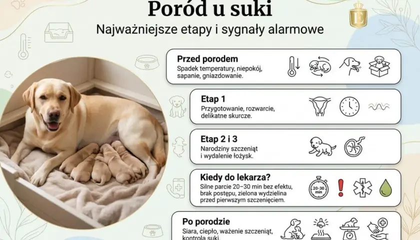 Szczęśliwa suczka labrador z gromadką nowo narodzonych szczeniąt. Obrazek ilustruje etapy porodu psa i sygnały alarmowe.