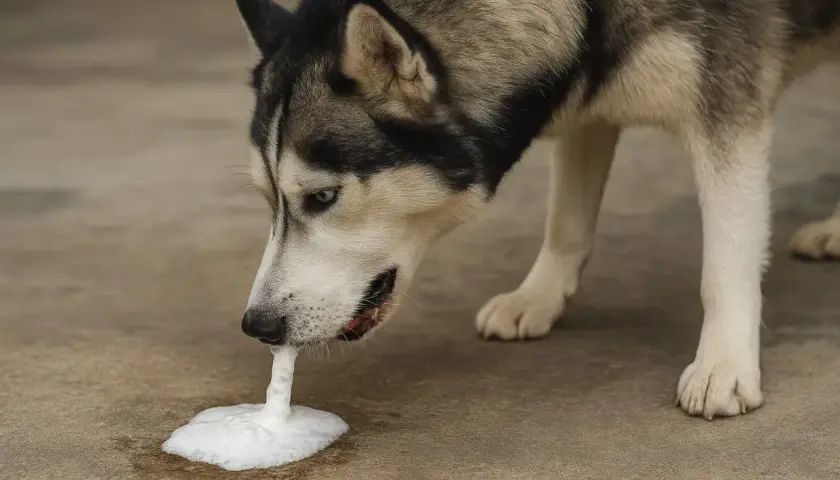 Husky pies wymiotuje pianą na beton.
