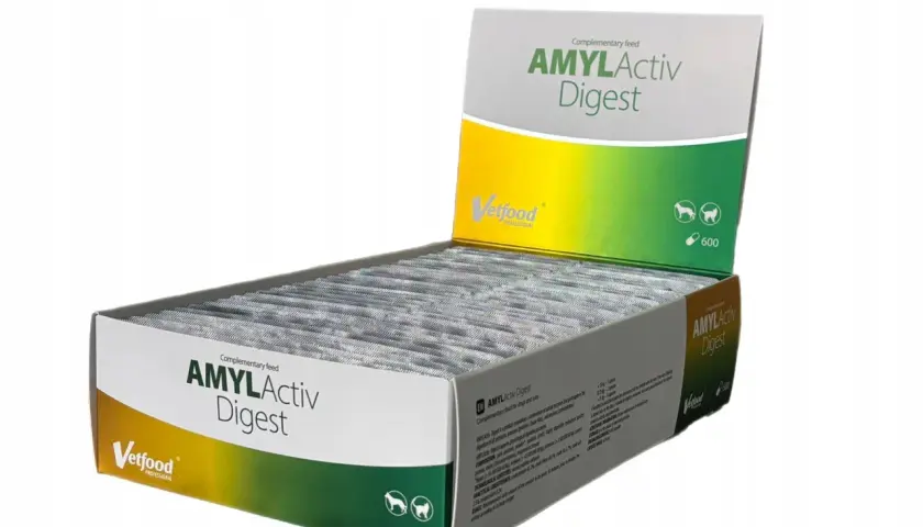 Opakowanie preparatu AMYLActiv Digest dla zwierząt, zawierające 600 kapsułek. Wspiera trawienie.