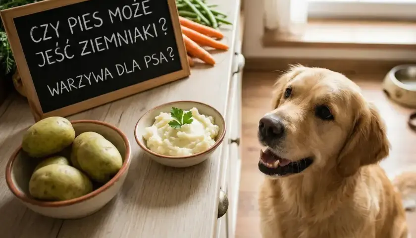Złoty retriever z zaciekawieniem patrzy na miseczkę z puree ziemniaczanym i surowe ziemniaki. Tabliczka pyta: "Czy pies może jeść ziemniaki?".