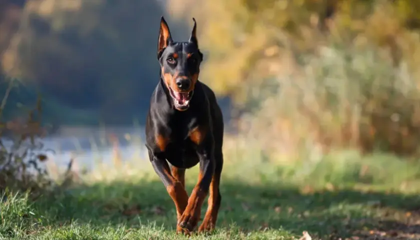 Doberman biegnie przez trawiasty teren, z otwartym pyskiem i radosnym wyrazem pyska.