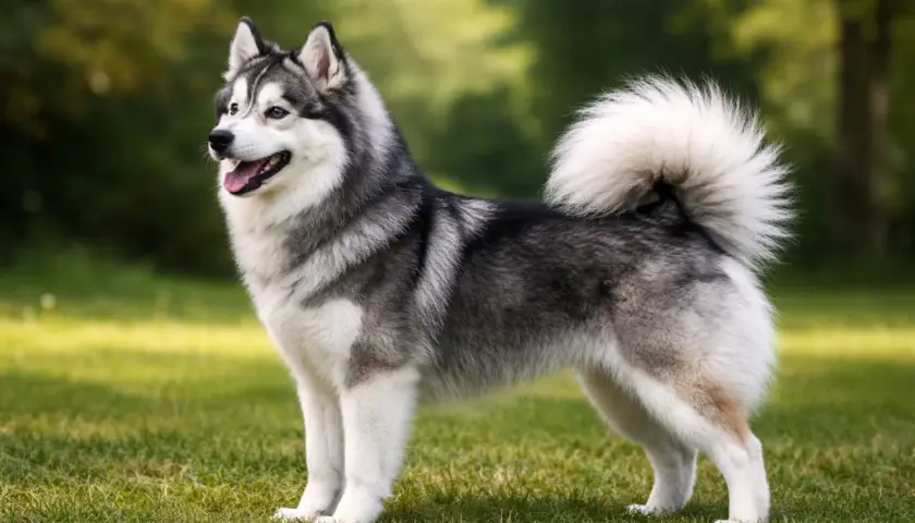 Uroczy pomsky z puszystym ogonem stoi na trawie, ciesząc się słońcem.