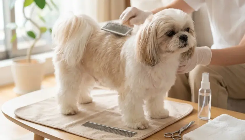 Dorosły shih tzu jest szczotkowany. Obok leżą nożyczki, grzebień i ręcznik.