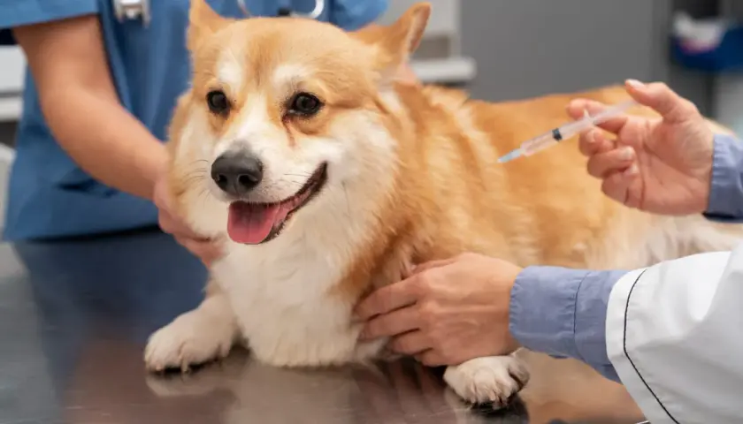 Weterynarz podaje szczepionkę corgi. Dowiedz się, ile kosztuje szczepienie psa, aby zapewnić mu zdrowie.